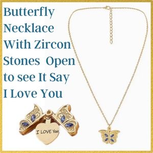Butterfly Locket Gold Color Opens "I Love You" Heart Inside - Chain Included